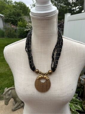 Gold and Black Multi-Strand Beaded Pendant Necklace